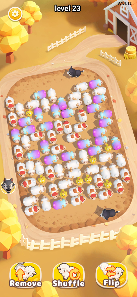 Sheep Away -Farm Animal Escape - Captura de pantalla del juego de Sheep Away mostrando un corral de granja abarrotado con ovejas y pollitos 3D coloridos.