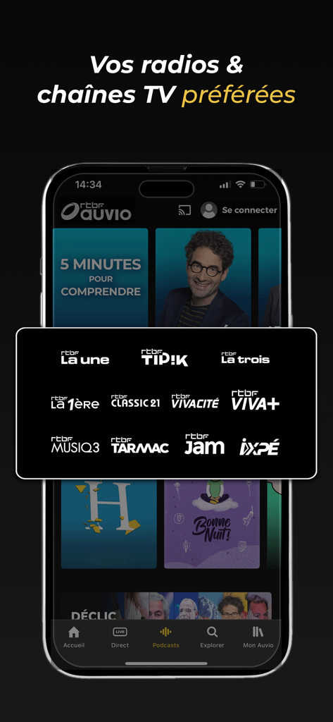 RTBF Auvio app interface displaying a selection of Belgian radio and TV channel logos