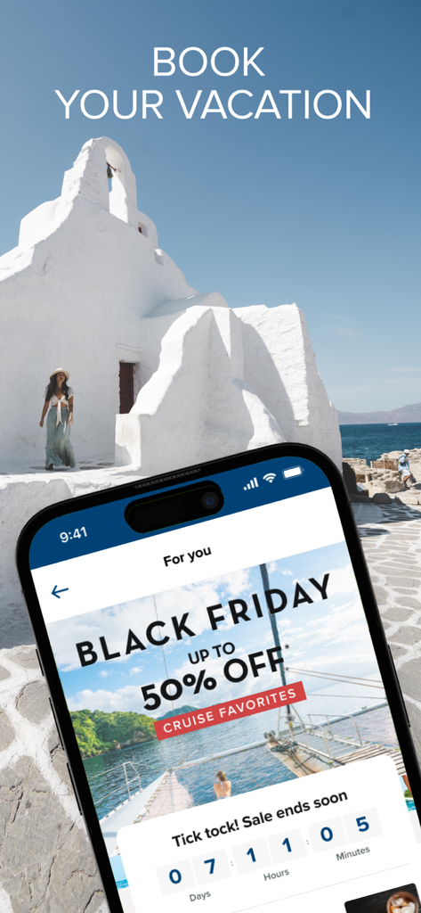 セレブリティ・クルーズアプリにブラックフライデー割引が表示されたスマートフォンの画面。美しい地中海の旅行背景。