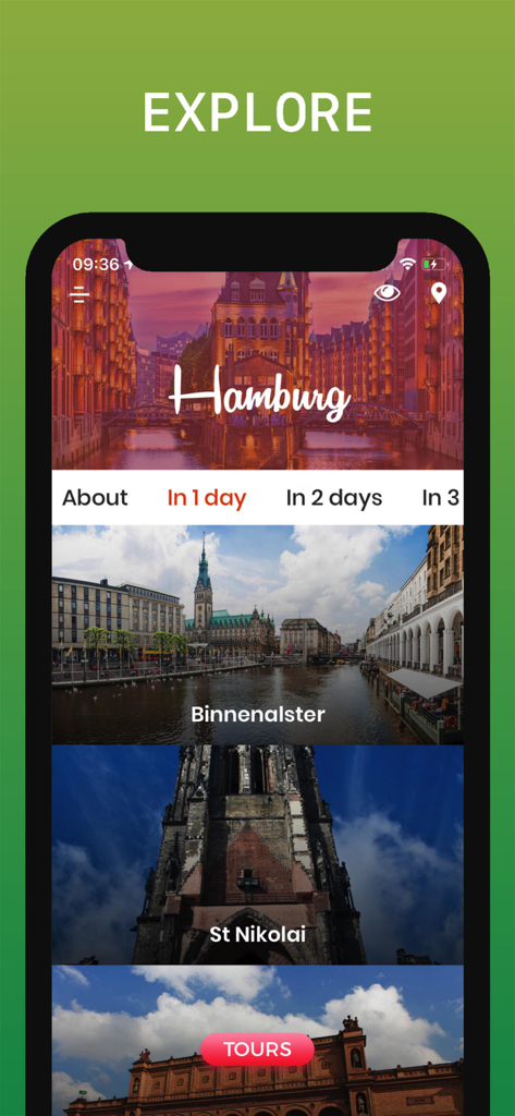 도시 여행 일정과 지역 명소를 보여주는 함부르크 여행 가이드 앱 인터페이스