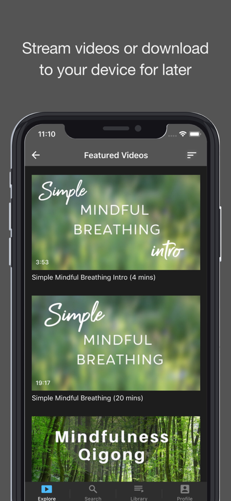 Smartphone screen of the Think Vitality app featuring a list of mindful breathing and Qigong videos.