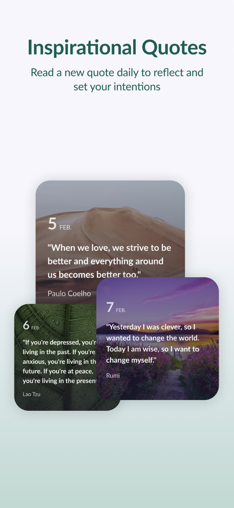 Pura Mente: Sleep & Meditation - Tägliche inspirierende Zitate und Absichten Funktion in der Pura Mente Meditations-App, die Zitate von Paulo Coelho, Lao Tzu und Rumi zeigt.