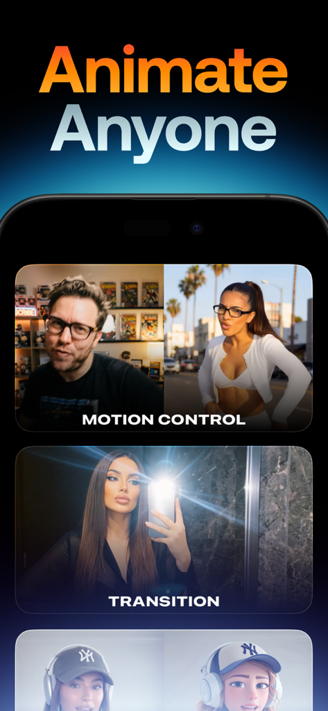 Swap Cast: AI Video - Interfaz de la aplicación Swap Cast AI Video que muestra la función Animate Anyone con control de movimiento y transiciones