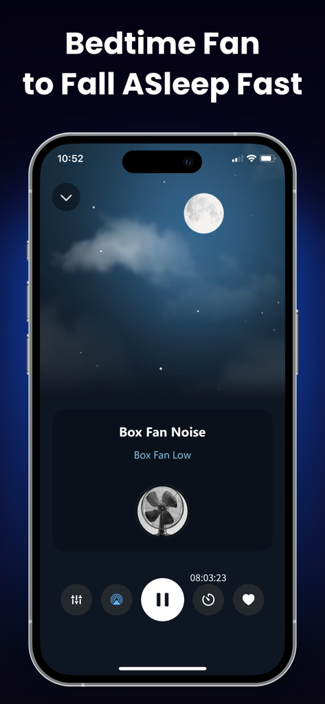 Sleep Dose: White Noise Remedy - Sleep Dose app interface showing a box fan noise player with a night sky background.