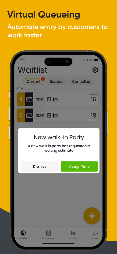 Oberfläche der Carbonara App, die die virtuelle Warteschlangenfunktion und eine Benachrichtigung über eine neue Walk-in-Gruppe anzeigt.