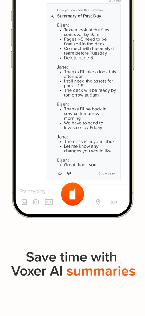 Voxer app interface showing AI generated summaries of voice and text messages for business teams