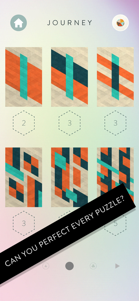 KAMI 2 - Écran de jeu KAMI 2 montrant une collection de puzzles géométriques dans le mode voyage.