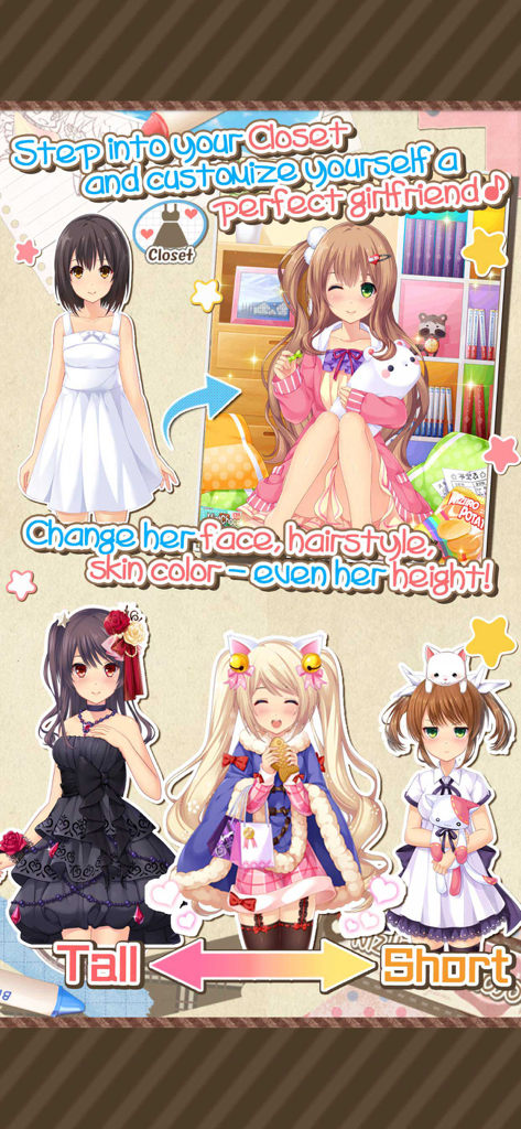 Dream Girlfriend - Dream Girlfriend app interface showing anime character customization for hair outfits and height