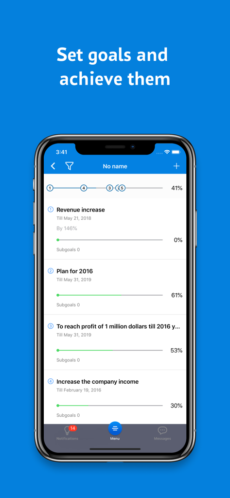SmartyCRM. Task tracker - SmartyCRM app screen displaying a list of business goals with percentage progress bars and target dates.