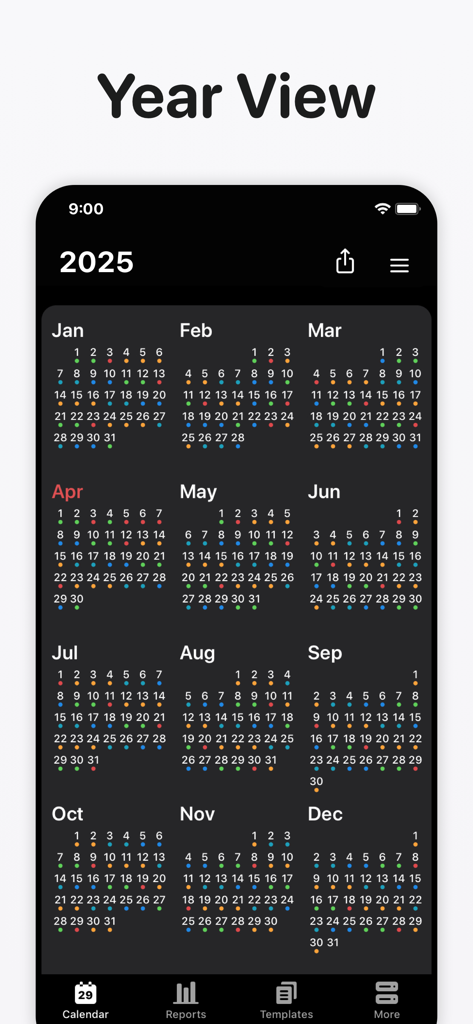 Supershift Shift Work Calendar - Una vista de calendario anual de la aplicación Supershift que muestra los turnos de trabajo codificados por colores.