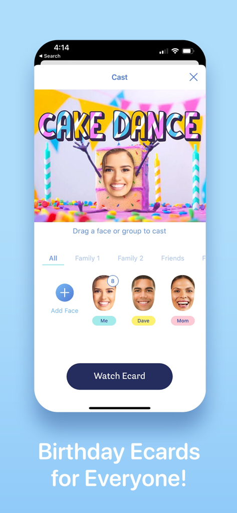 JibJab app interface showing a personalized birthday cake dance ecard with face swap options