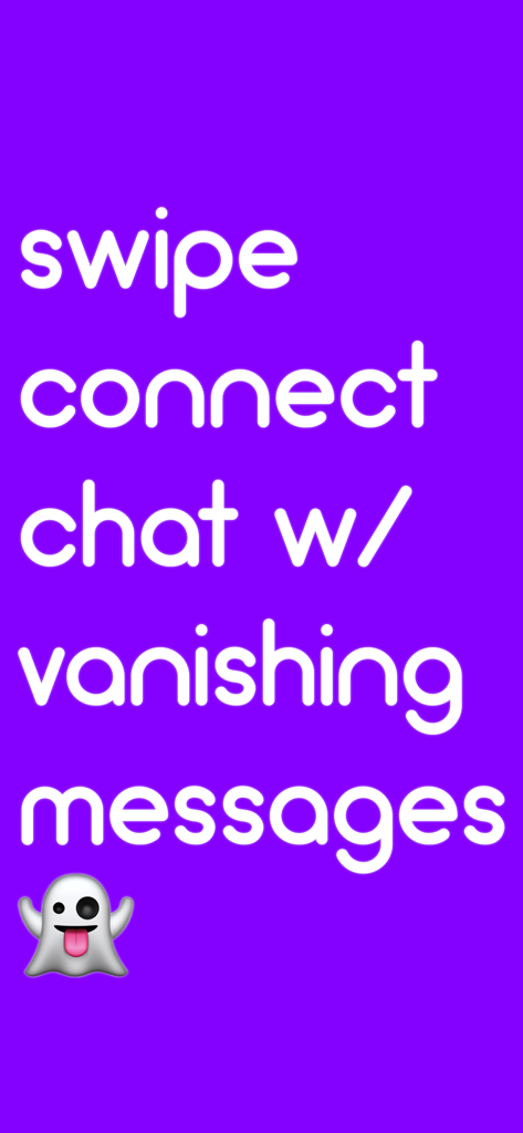 Promotional screen for the Wave app showcasing its swipe, connect, and vanishing messages features on a purple background