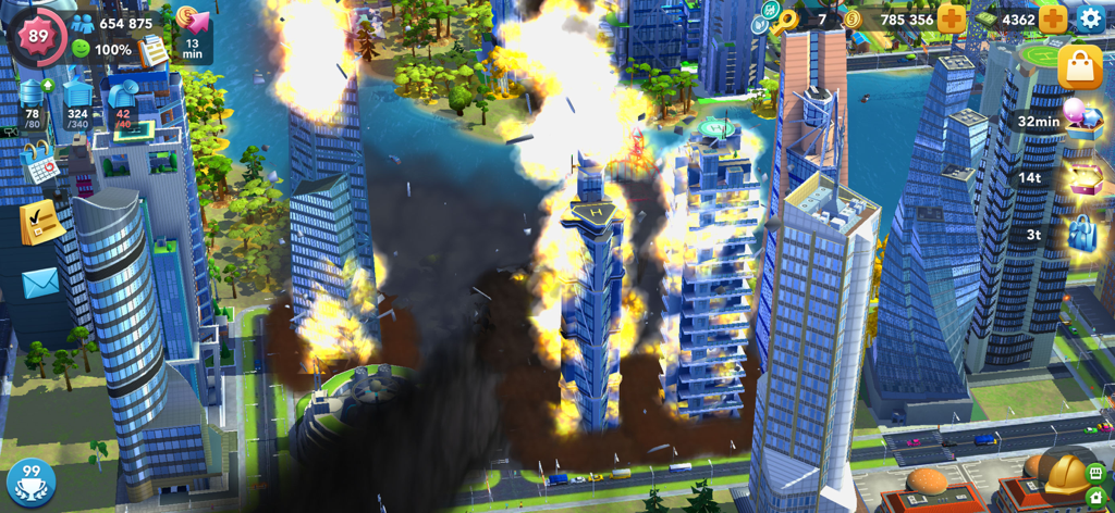 SimCity BuildIt - Grattacieli che esplodono e bruciano nel gioco mobile SimCity BuildIt