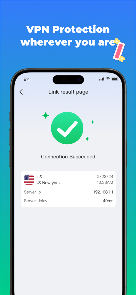 Fly VPN connection success screen showing a New York server with low latency