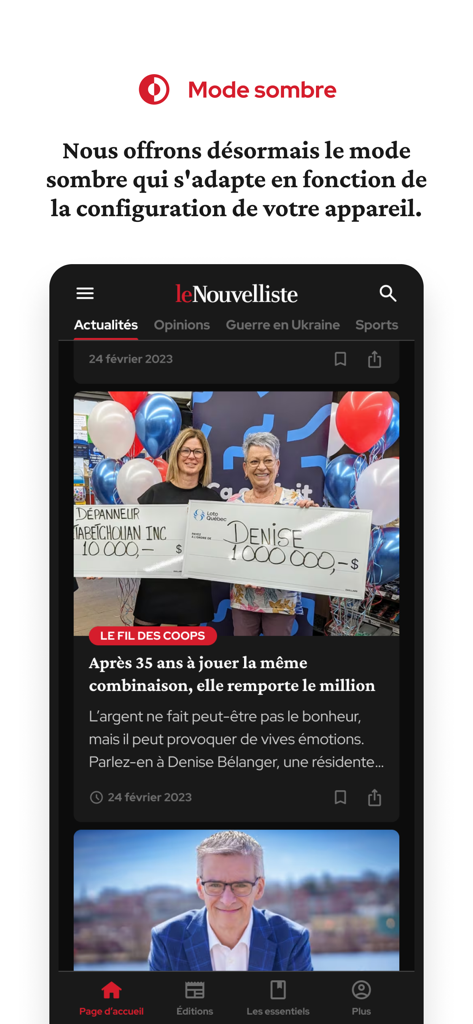Le Nouvelliste - Le Nouvelliste mobile app interface showing news articles in dark mode