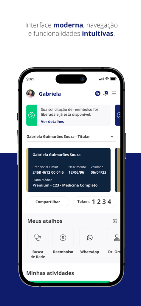 Painel do aplicativo Minha Omint mostrando um cartão médico digital e atalhos de serviços de saúde.
