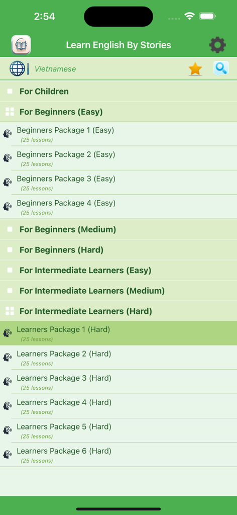 Learn English By Stories + - App interface showing English story lesson categories for beginners and intermediate learners