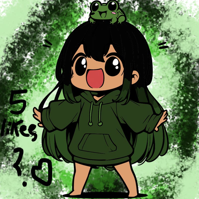 a excited chibi girl whith long hair and a baggy shirt whith a frog on there head
