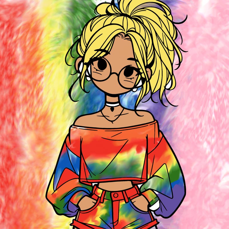 girl with a messy ponytail glasses a baggy crop top and jean shorts