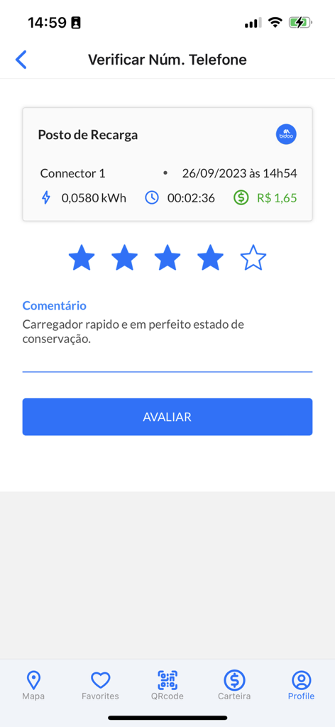 Bidoo - Screenshot of the Bidoo app showing a completed EV charging session summary and a four star rating interface