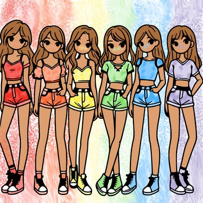 a group of girls wearing crop tops and shorts