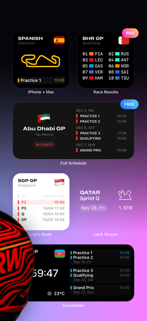 RaceWeek: Formula Widgets - Various Formula 1 home screen and lock screen widgets from the RaceWeek app showing race schedules results and track layouts