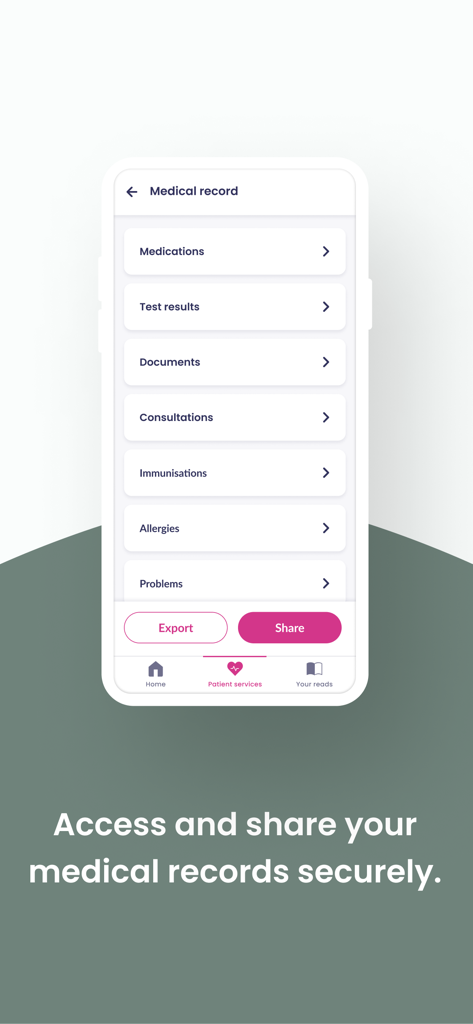 Interface do aplicativo Patient Access mostrando seções de registros médicos, incluindo medicamentos, resultados de exames e vacinações com opções de exportação e compartilhamento