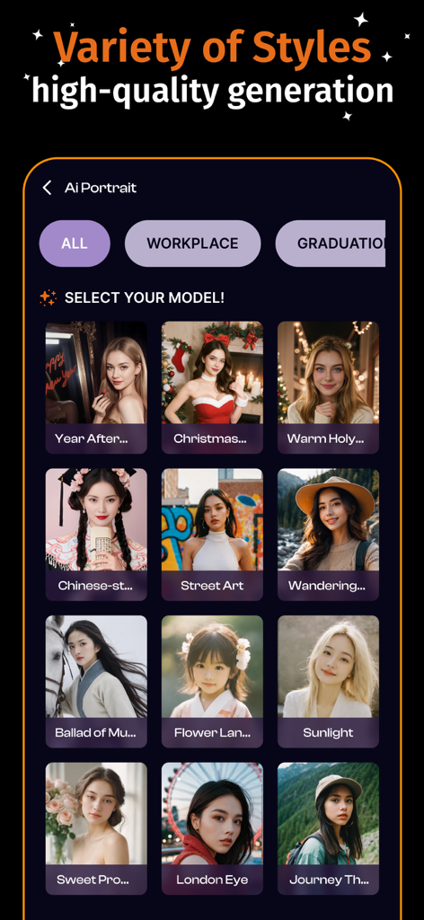AIバーチャル試着服アプリのAIポートレートスタイルの選択画面。