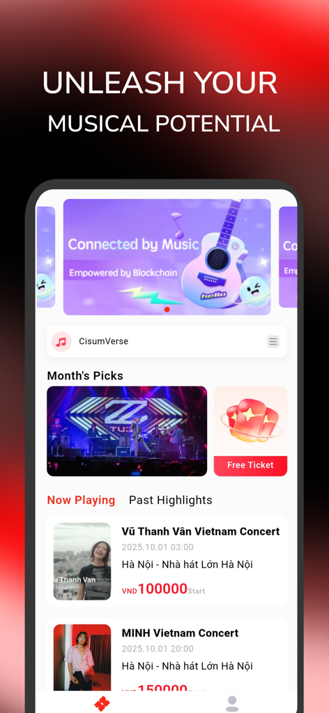 Cisumverse app home screen showing concert highlights and blockchain music features
