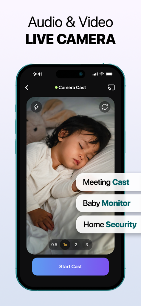Screen Mirroring | Cast to TV - iPhone screen showing a live camera feed of a sleeping baby with labels for meeting cast and home security.