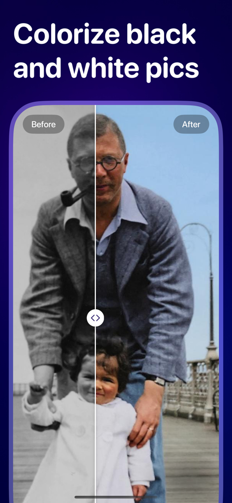 Upscale & Enhance - Pixelfix - Before and after comparison of a black and white photo colorized with Pixelfix AI.