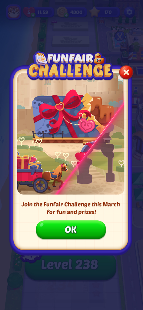 Bubble Shooter - POP Frenzy - In-Game-Popup für das Jahrmarkt-Herausforderungs-Event in Bubble Shooter POP Frenzy mit einer pferdegezogenen Geschenkkutsche und einem großen Geschenk.