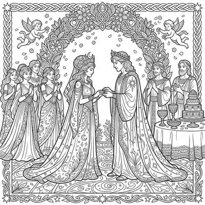 Step into a realm of divine romance with this exquisite coloring page, capturing the grandeur of a celestial wedding between powerful gods and goddesses. Featuring intricate details from ornate gowns to floral arches, it's a magnificent scene perfect for adult colorists.