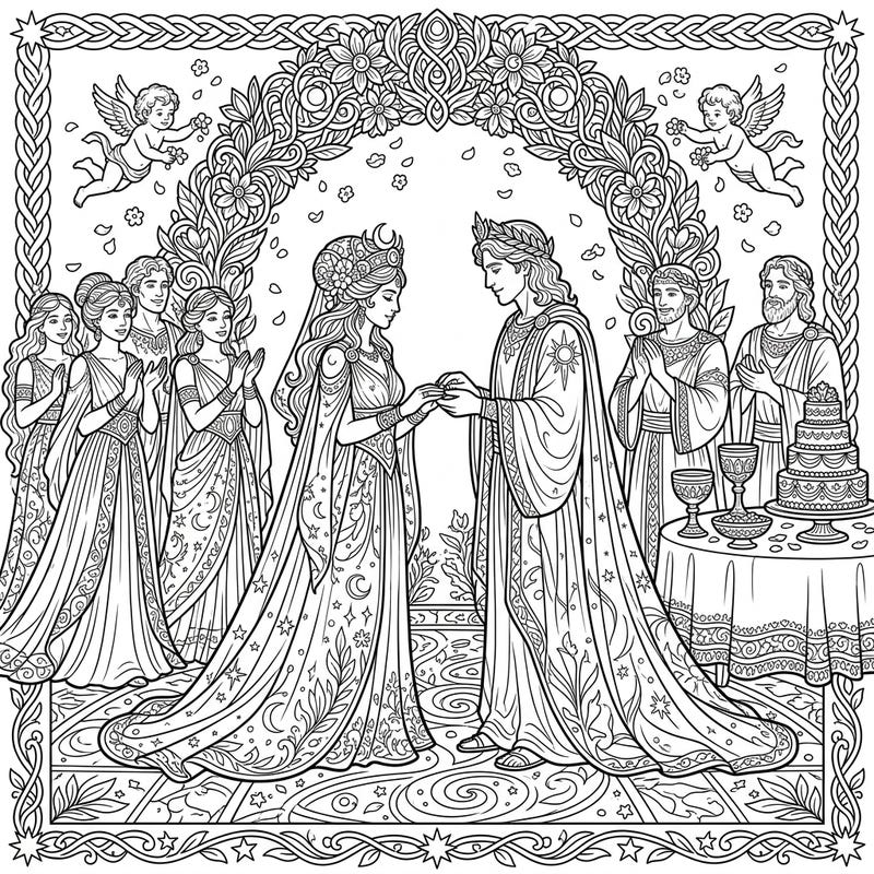 Step into a realm of divine romance with this exquisite coloring page, capturing the grandeur of a celestial wedding between powerful gods and goddesses. Featuring intricate details from ornate gowns to floral arches, it's a magnificent scene perfect for adult colorists.