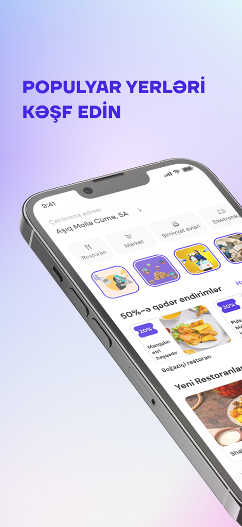 TEZGEL Online - TEZGEL Online mobile app interface on an iPhone showing restaurant and market delivery categories