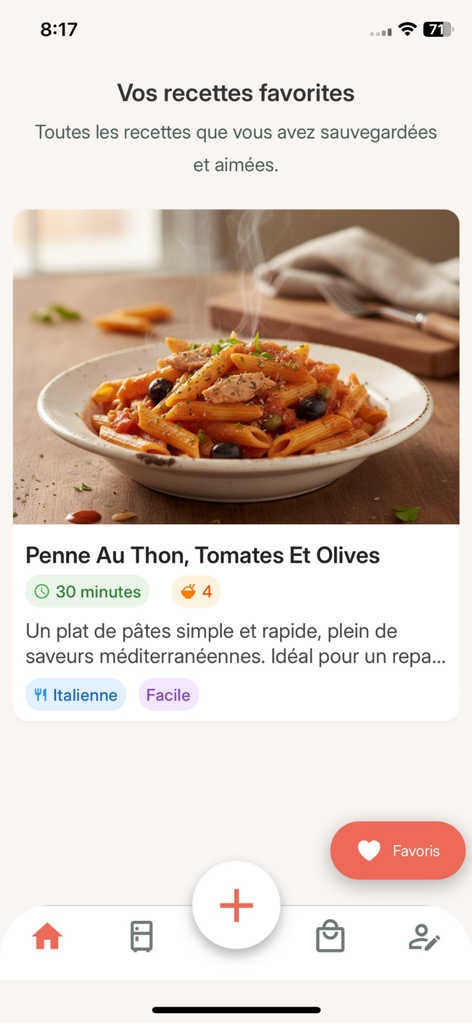 Kook • AI-powered Cooking - The favorite recipes screen of the Kook AI cooking app displaying a penne pasta recipe card
