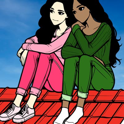 two realistic women sitting on a roof leaning on each other