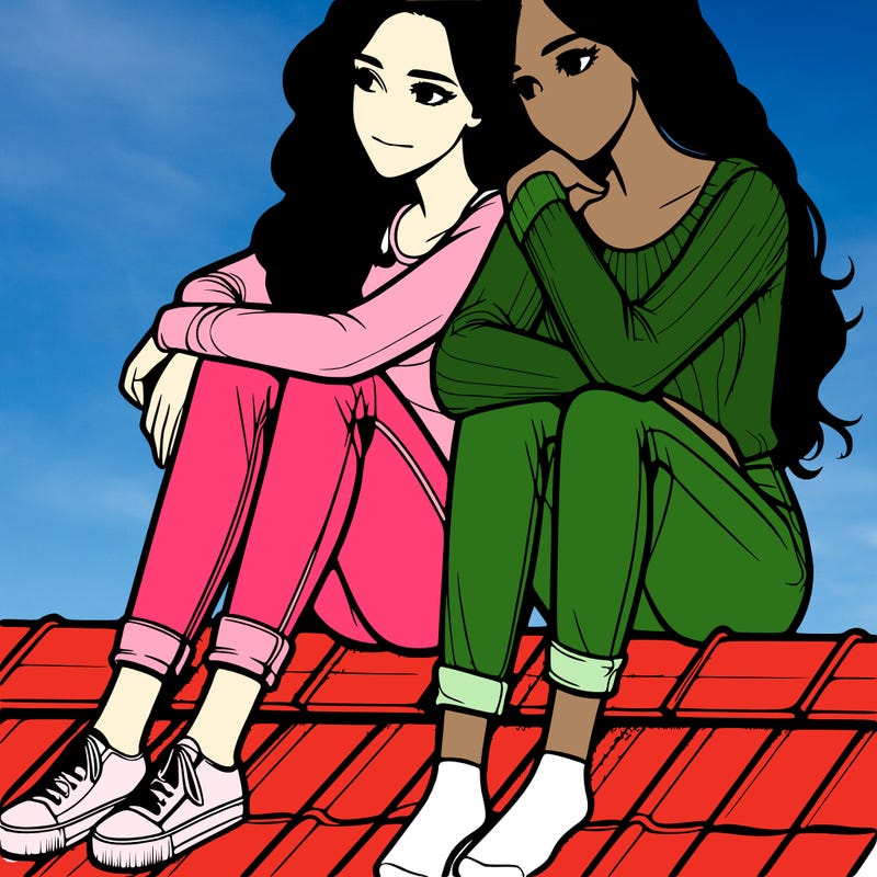 two realistic women sitting on a roof leaning on each other