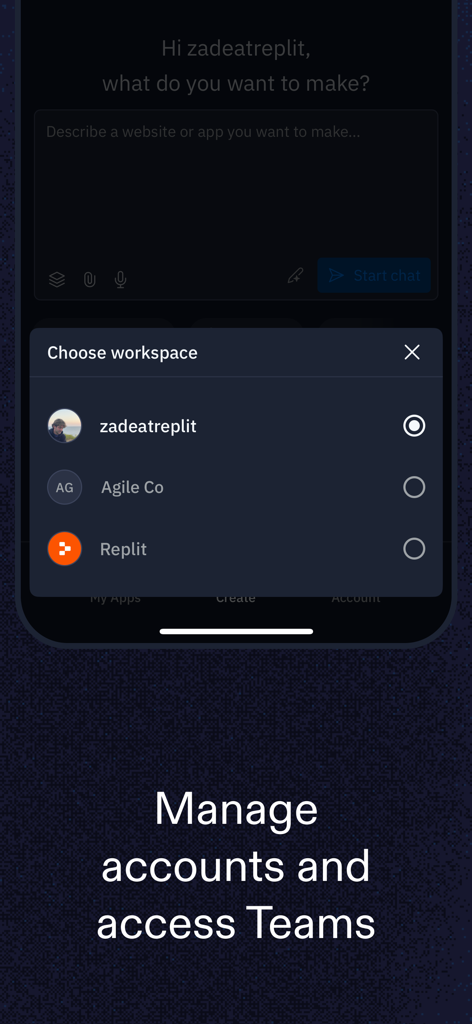 Interface de l'application Replit montrant un menu de sélection d'espace de travail pour gérer les comptes et accéder aux équipes
