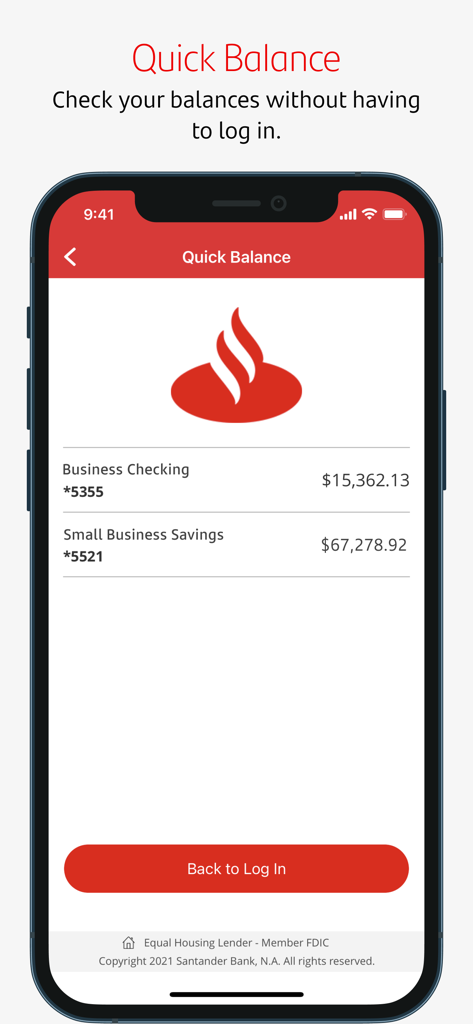 Santander Business Banking app Quick Balance screen showing business checking and savings account balances without logging in