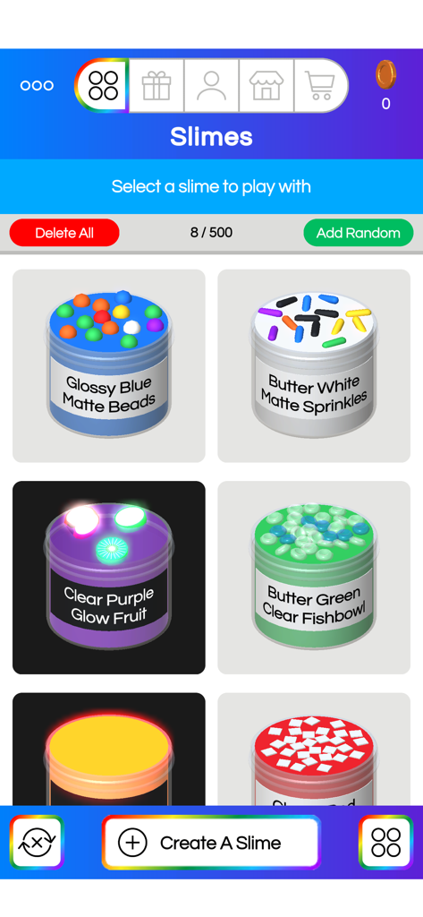 Virtual Slime - Una galería de varios frascos de slime virtual de colores con diferentes texturas y decoraciones.