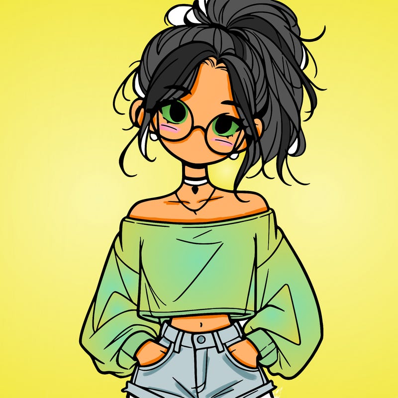 girl with a messy ponytail glasses a baggy crop top and jean shorts
