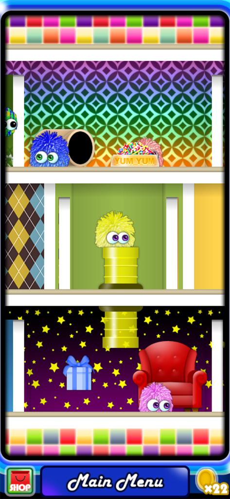 Chuzzle 2 - Colorful fuzzy Chuzzle characters in their multi-level virtual home