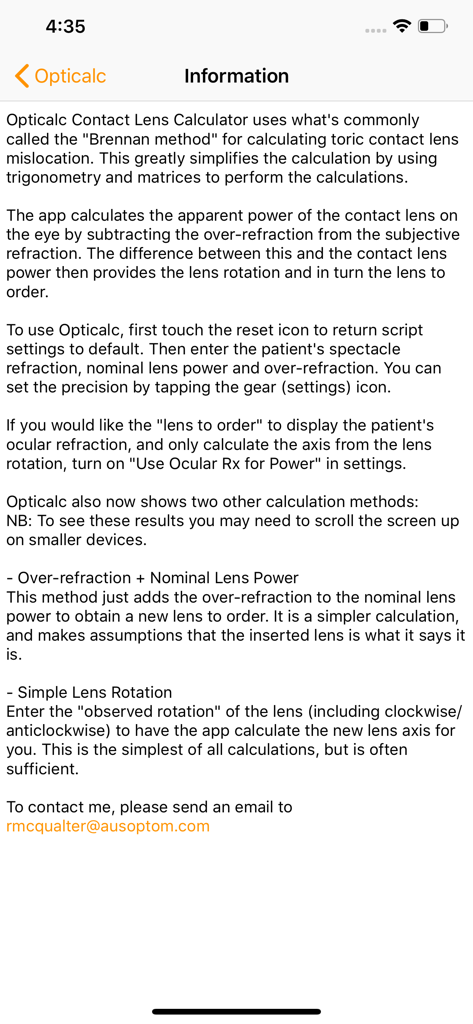 Information screen of the Opticalc app explaining the Brennan method and toric contact lens calculation instructions.