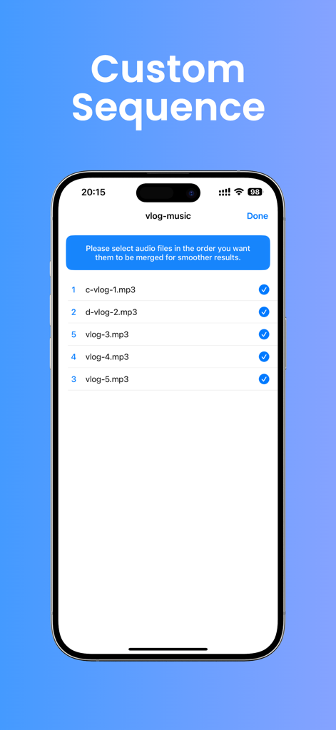 Sound Stitch app screen showing a list of selected audio files being arranged in a custom sequence for merging