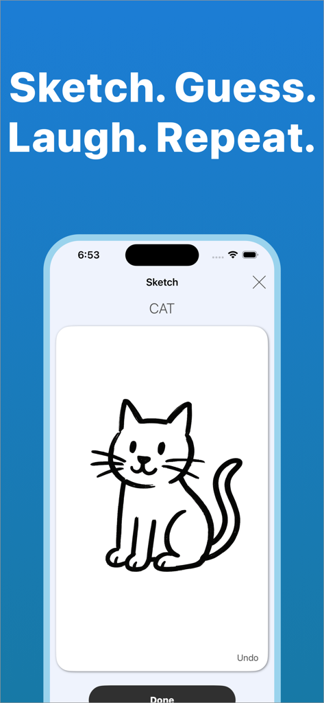 A simple black and white sketch of a cat in the Draw and Guess mobile app interface.
