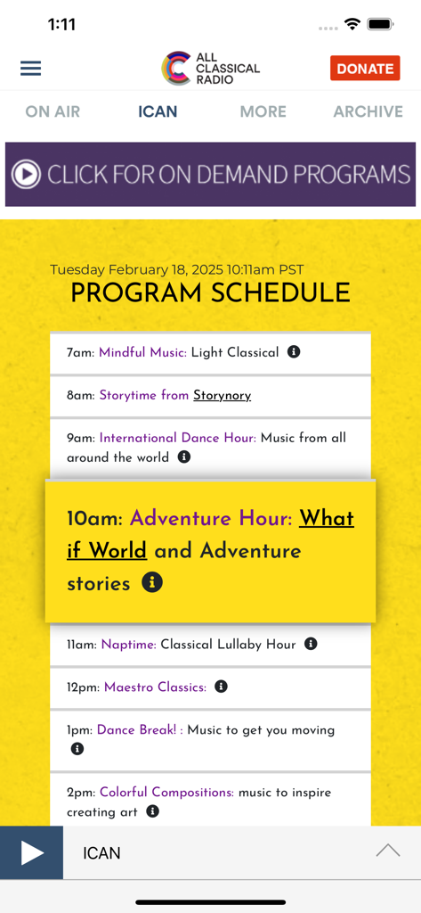 All Classical Radio - Screenshot of the All Classical Radio app showing the ICAN program schedule with a list of daily shows