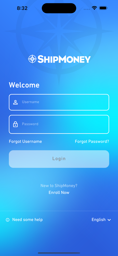 The login interface of the ShipMoney app featuring username and password fields with a nautical compass background.