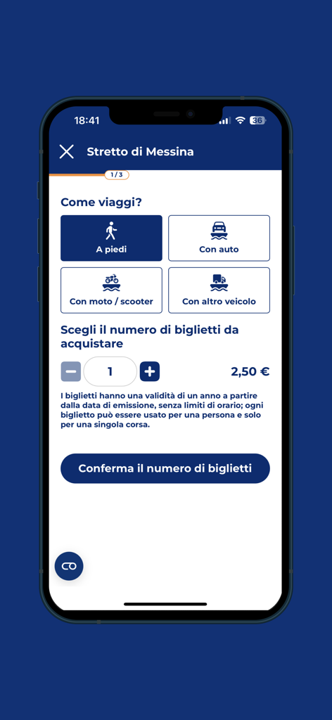 Selezione del biglietto del traghetto per un viaggio in auto attraverso lo Stretto di Messina sull'app Caronte & Tourist.