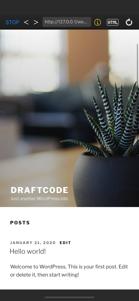 DraftCode mobile app running a local WordPress site for offline PHP development